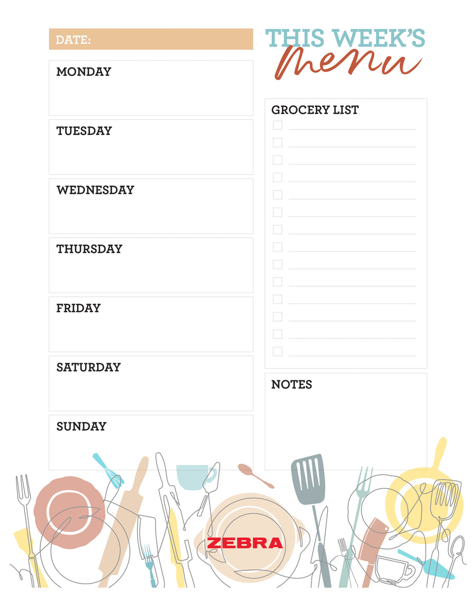 Blank Weekly Menu Zebra Pen