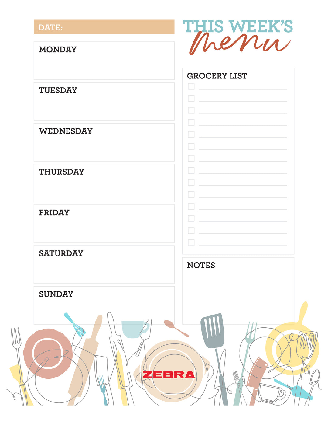 Blank Weekly Menu – Zebra Pen