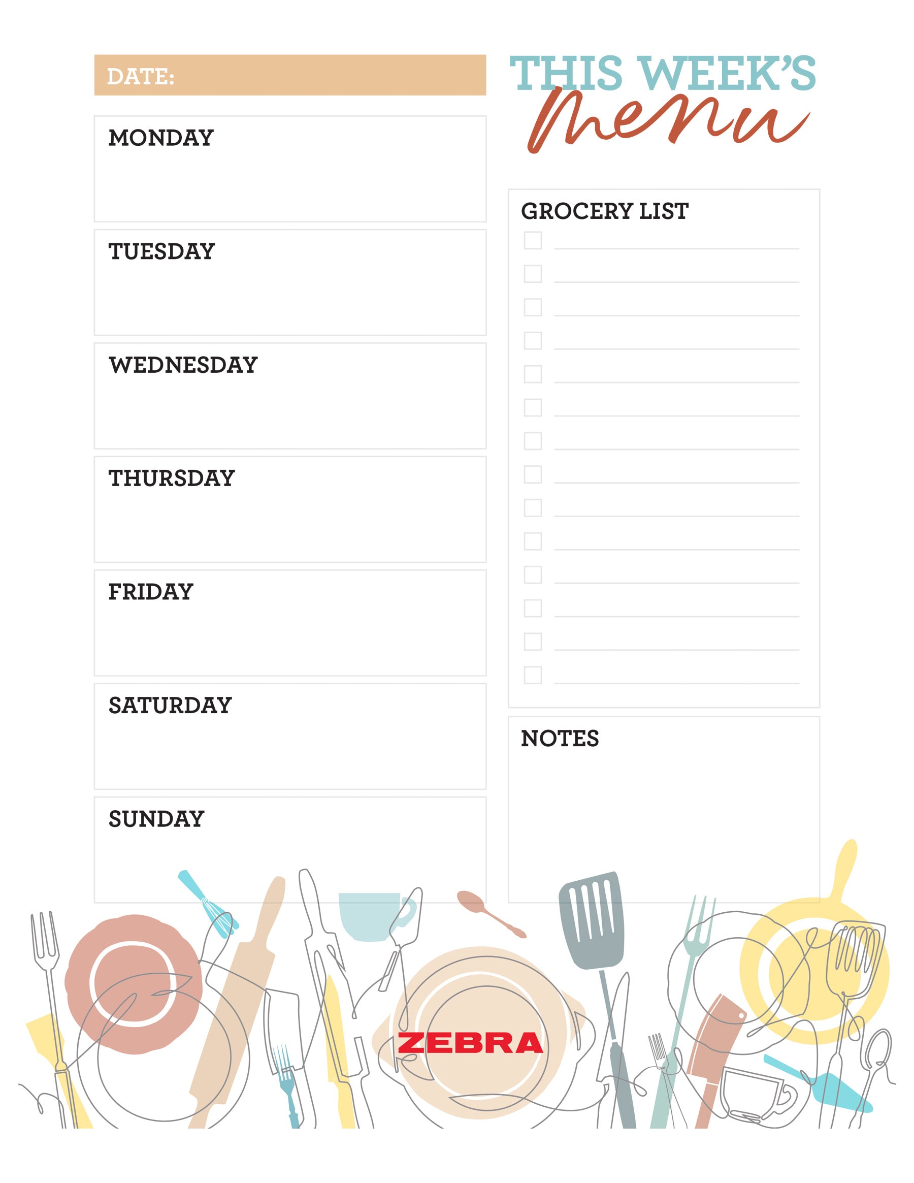 Blank Weekly Menu – Zebra Pen