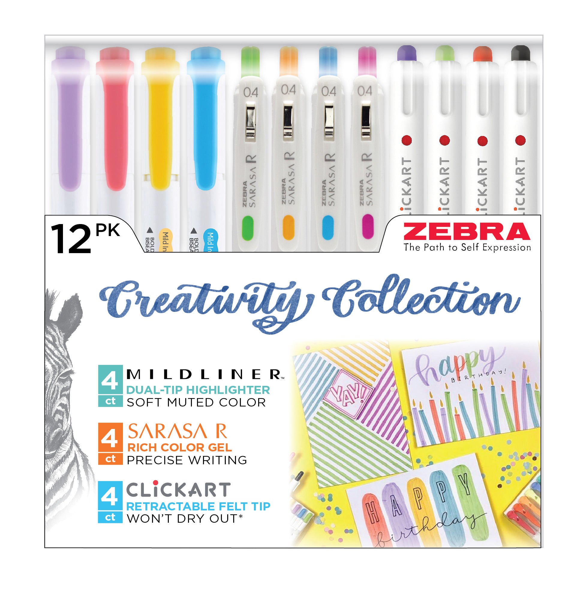 Creativity Collection Asst 12pk – Mildliner HL (4) + Sarasa R (4) + Clickart (4)
