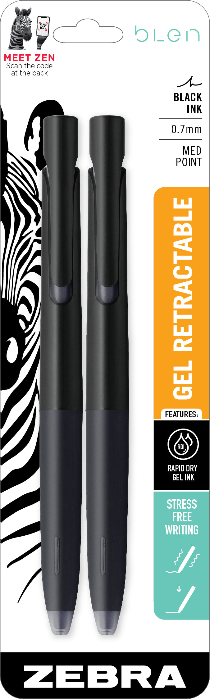 bLen Retractable Gel Pen, 0.7 mm, Black Barrel 2pk