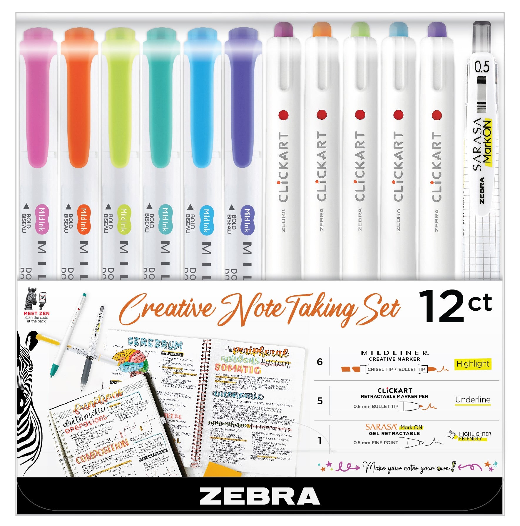 Zebra Creative Note Taking Set - Fine Pen Point - Fine Marker Point - Chisel, Bullet Marker Point Style - Assorted Gel-based Ink - 12 / Pack