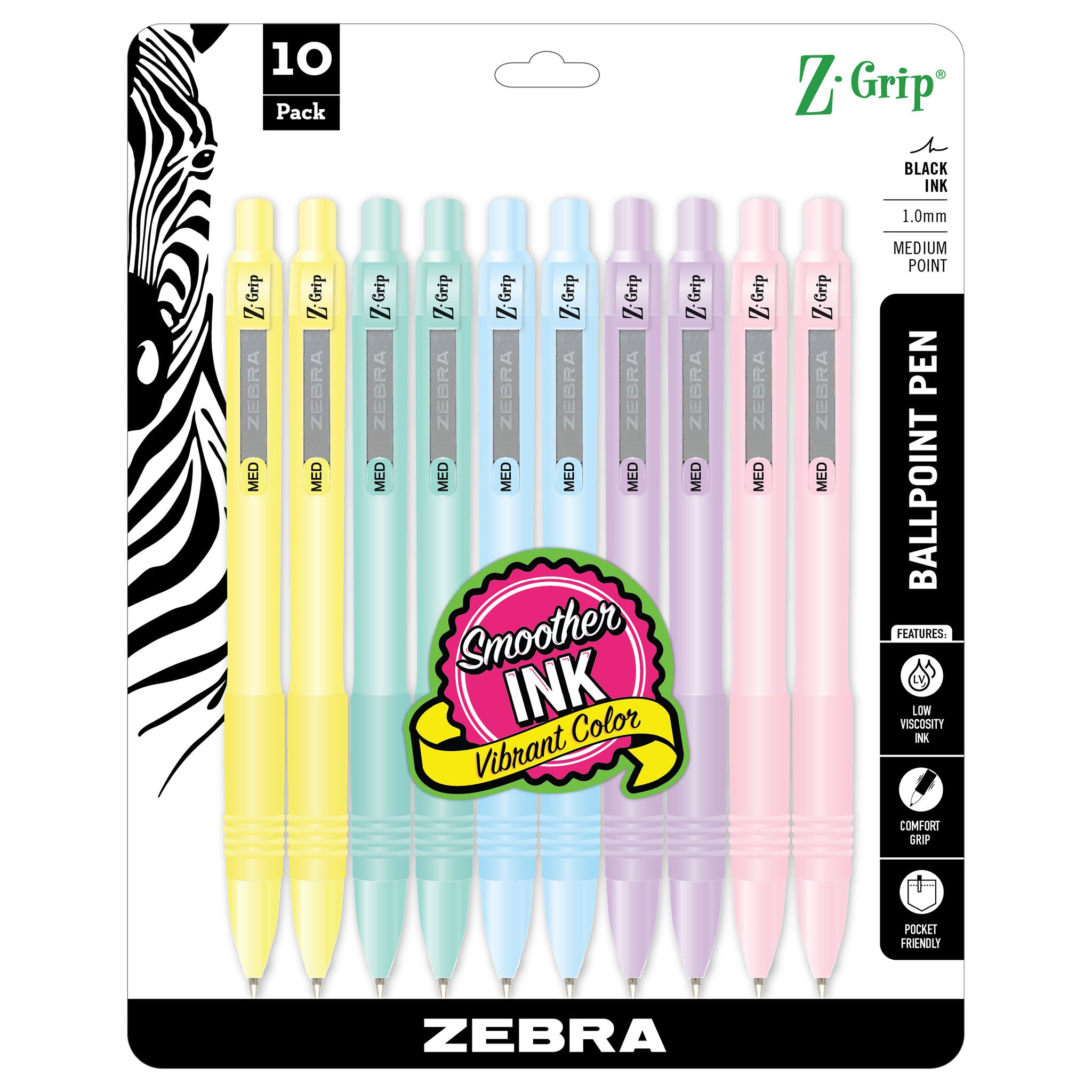 Zebra Pen Z-Grip Retractable Ballpoint Pens - Medium Pen Point - 1 mm Pen Point Size - Multi - Yellow, Green, Blue, Purple, Pink Barrel - 10 / Pack