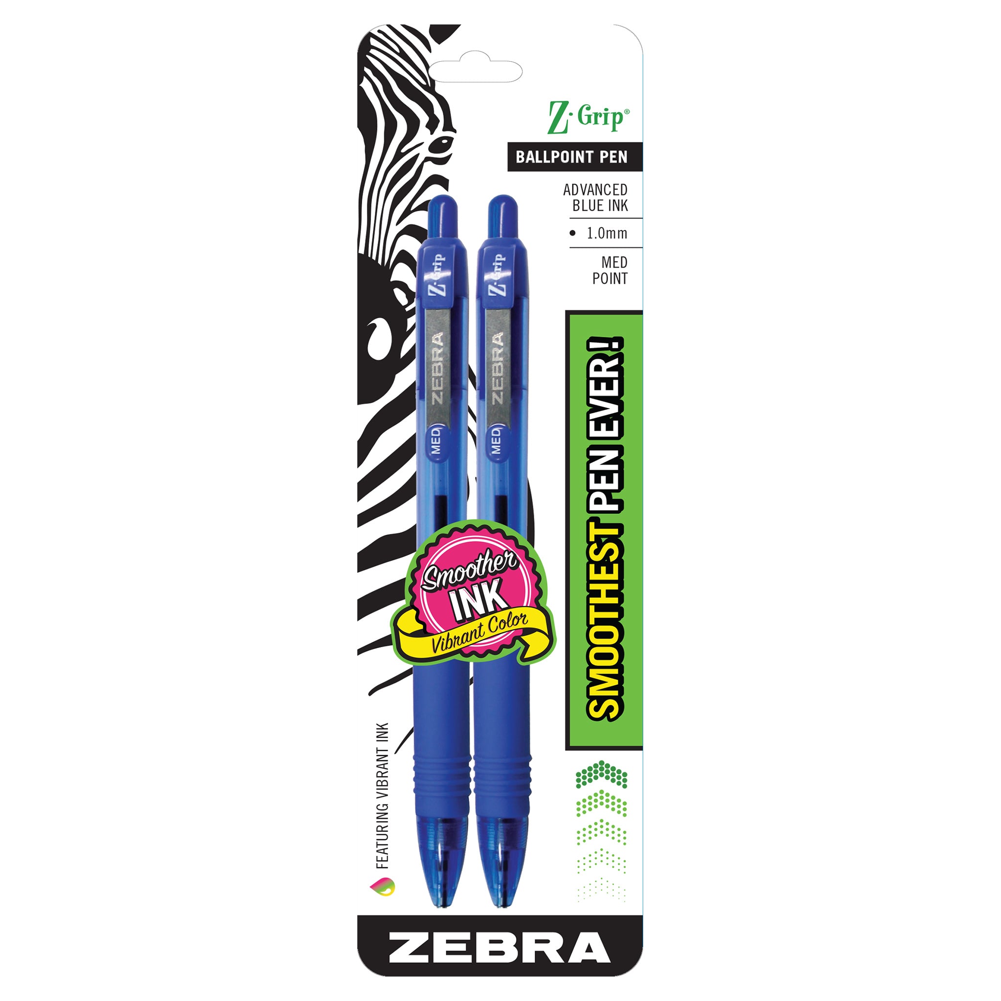 Zebra Z-Grip Ball Point Pen, Medium Point, Blue - 2 pens