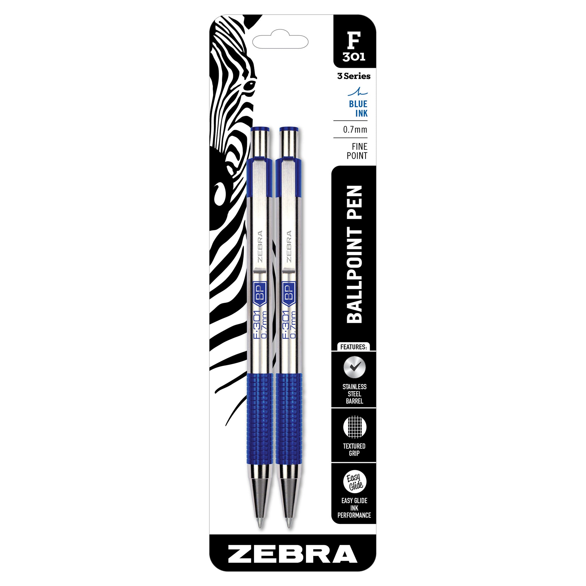 Zebra F-301 Retractable Ballpoint Pen, Fine, Blue Ink, 2 pack