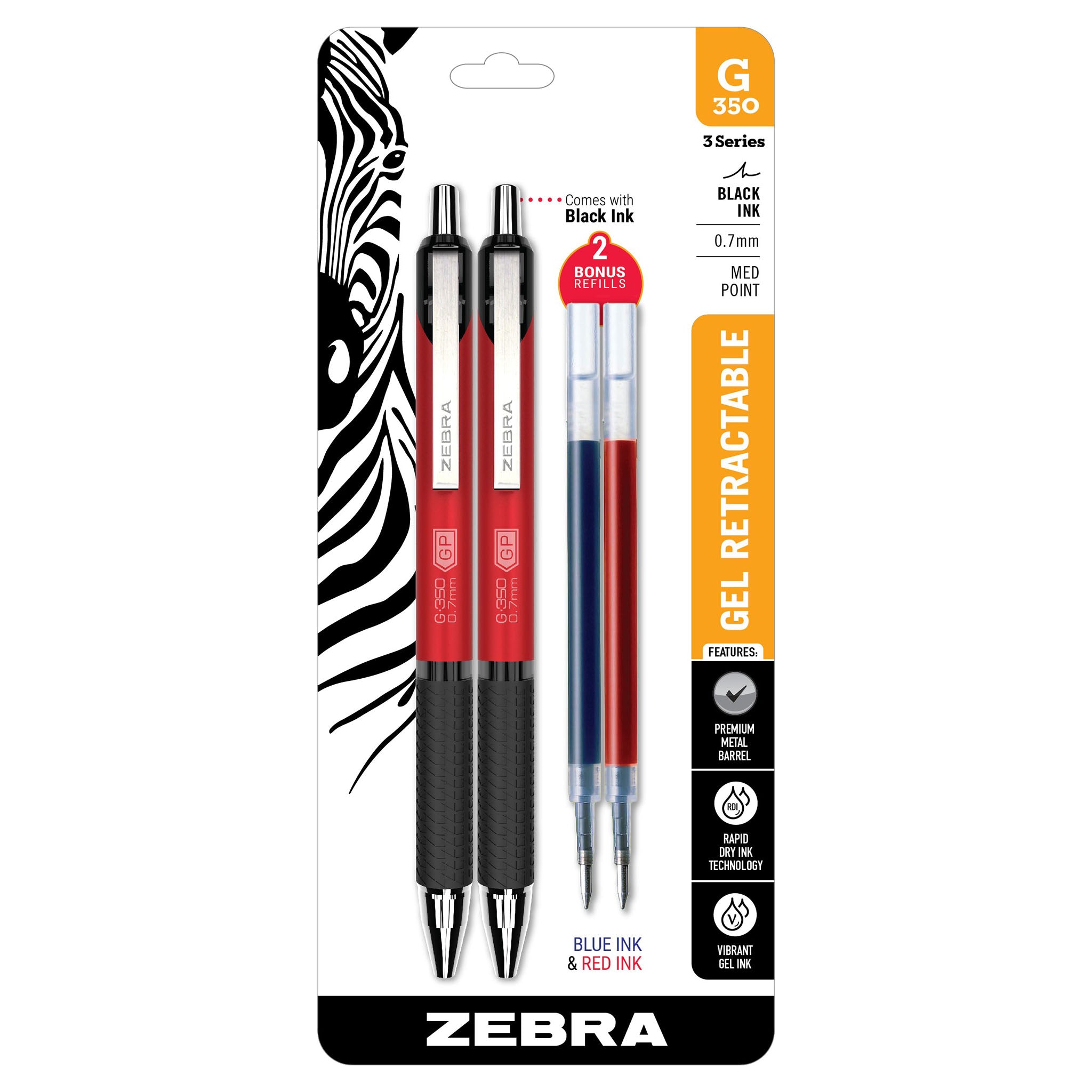 Zebra Pen G-350 Retractable Gel Pen with 2 Bonus Refills, Medium Point, 0.7mm, Crimson Red Barrel, Black Rapid Dry Ink, 2 Pack, Model:40312