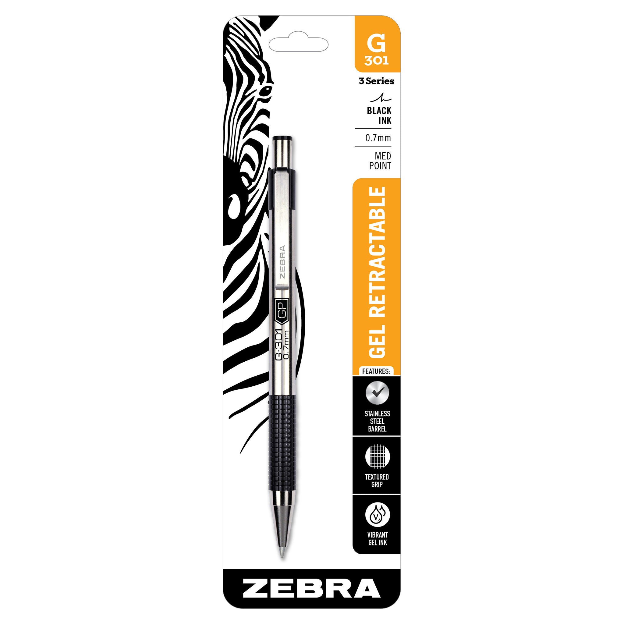 Zebra G-301 Gel Pen, Retractable, Medium Point (0.7 mm), Black Ink