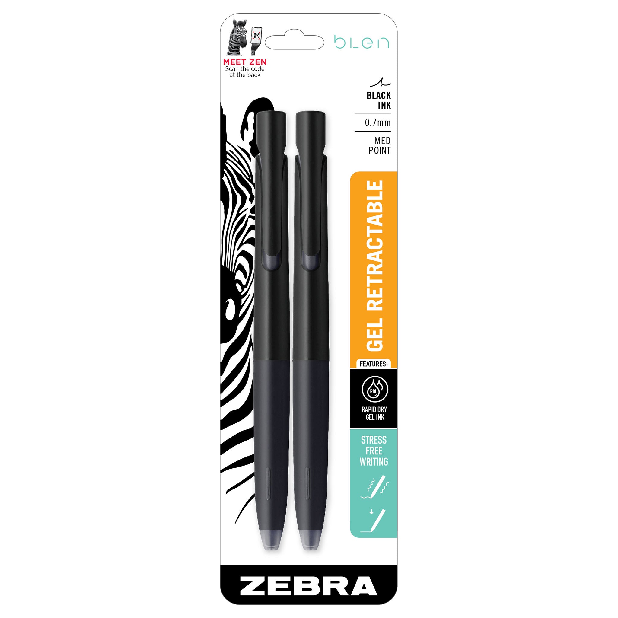 Zebra bLen Gel Pen, Retractable, Fine 0.7 mm, Black Ink, Black Barrel,  Dozen (41410)
