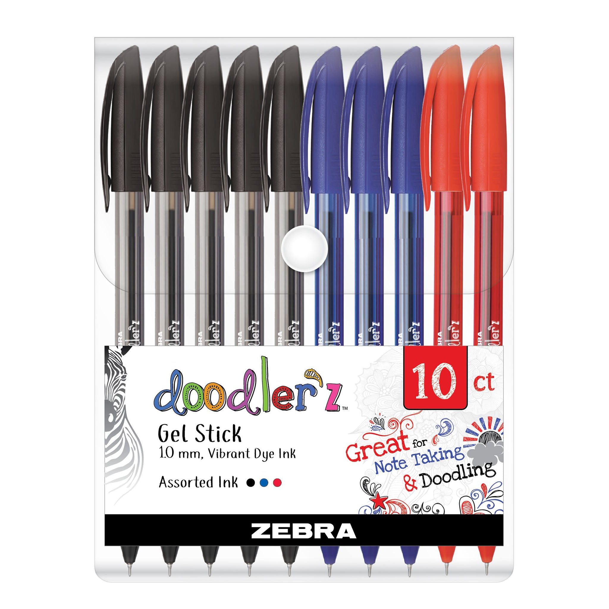 Zebra Doodler'z Gel Pen | Stick | Bold 1 mm | Assorted Ink and Barrel Colors | 10/Pack
