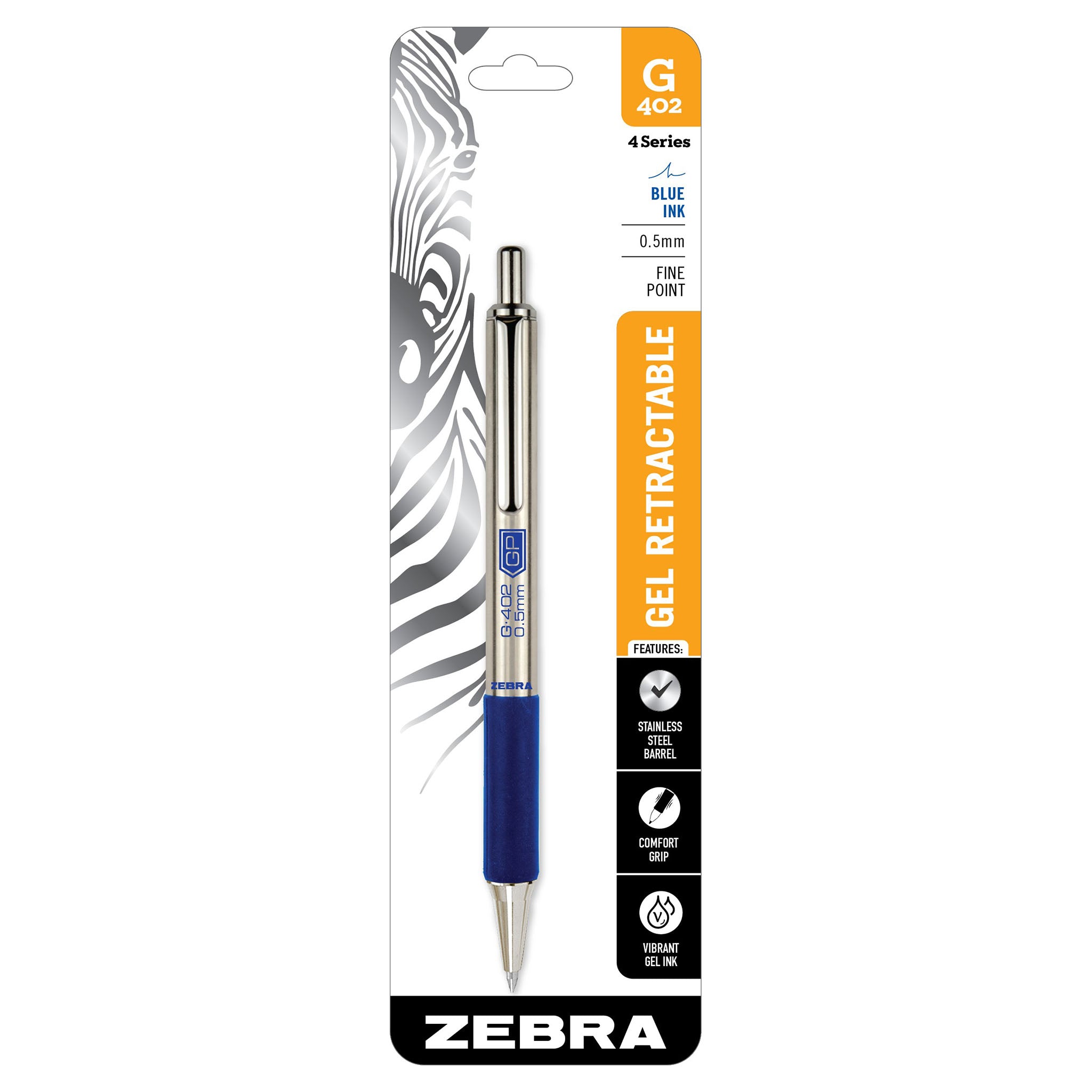 Zebra G-402 Stainless Steel Retractable Gel Pen, Fine Point, 0.5mm, Black Ink, 2
