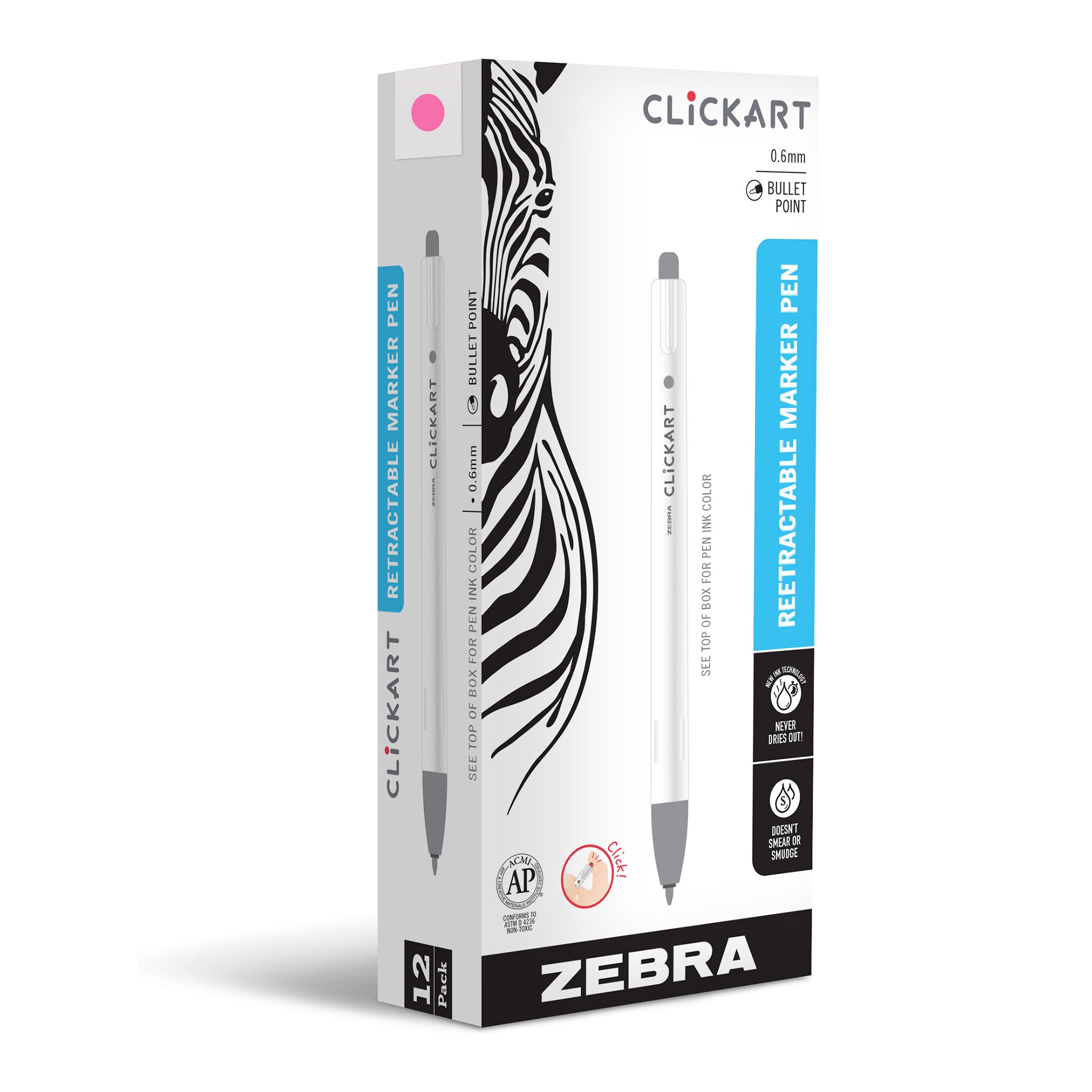 (2) Zebra Click Art Retractable Marker Pen Fine Pink Purple Blue6pk  COMBINESHIP