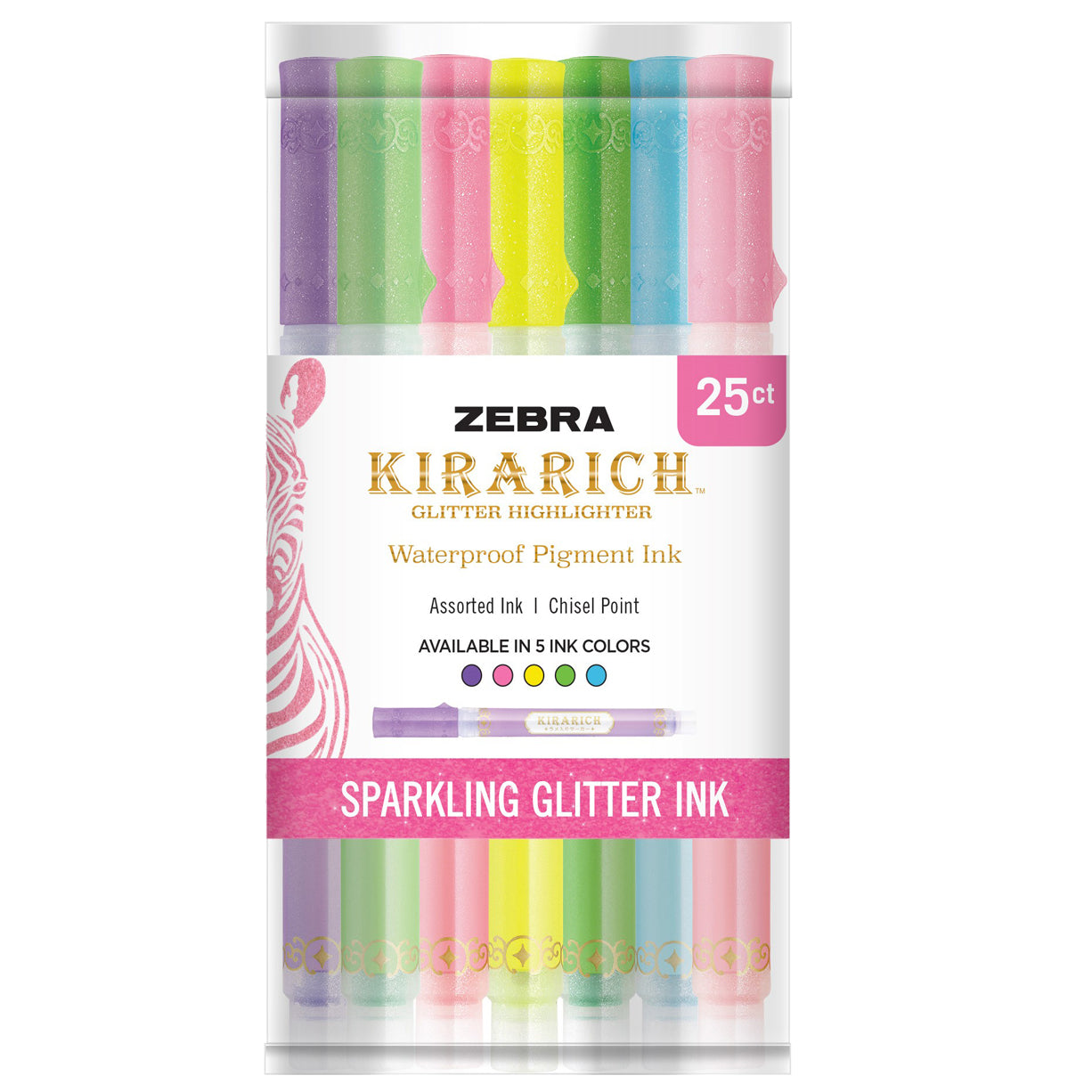 Zebra Glitter Highlighter, Kirarich, Pack of 5